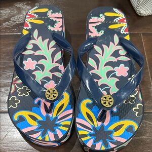 Tory Burch Navy Tropical Print Sandals